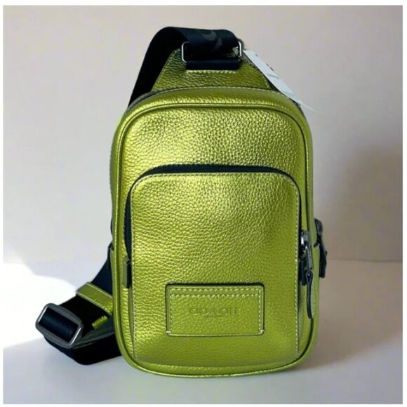 Coach Track Pack 14 Sling Metallic Leather Crossbody CP141 Shoulder Bag Citrine - Picture 1 of 10